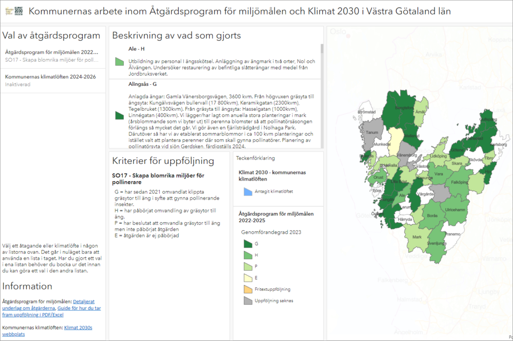 Bild på kartverktyg med uppföljning för åtgärderna i åtgärdsprogrammet för miljömålen och kommunernas klimatlöften
