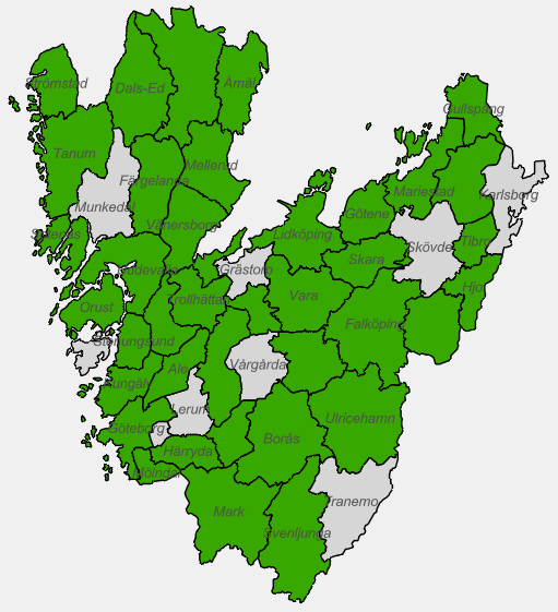Kartbild över Västra Götaland som visar vilka kommuner som gjort åtaganden för miljömålen